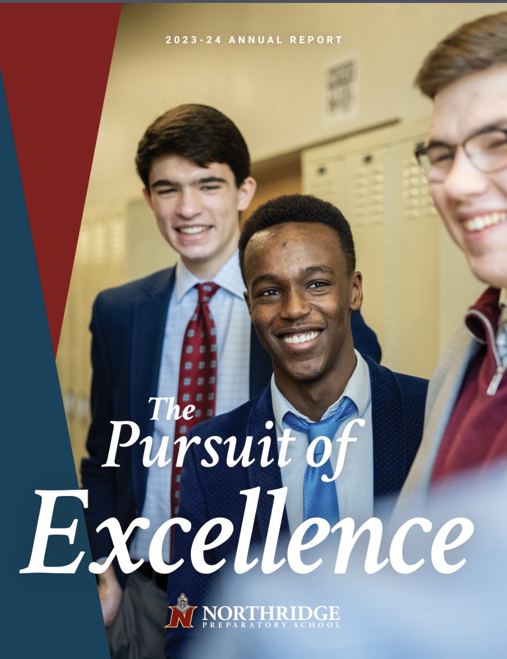 Male students smiling in a hallway of an all-boys Catholic school